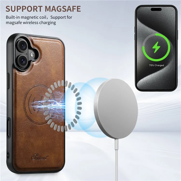 SUTENI H17 For iPhone 16 Plus Case Compatible with MagSafe Card Holder Kickstand Phone Cover - Brown