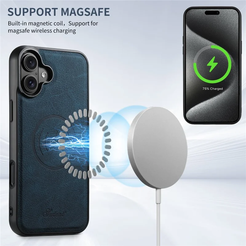SUTENI H17 Pour L'iphone 16 Case Magnétique Slots Slots Leather + Tpu Kickstand Couvercle - Bleu