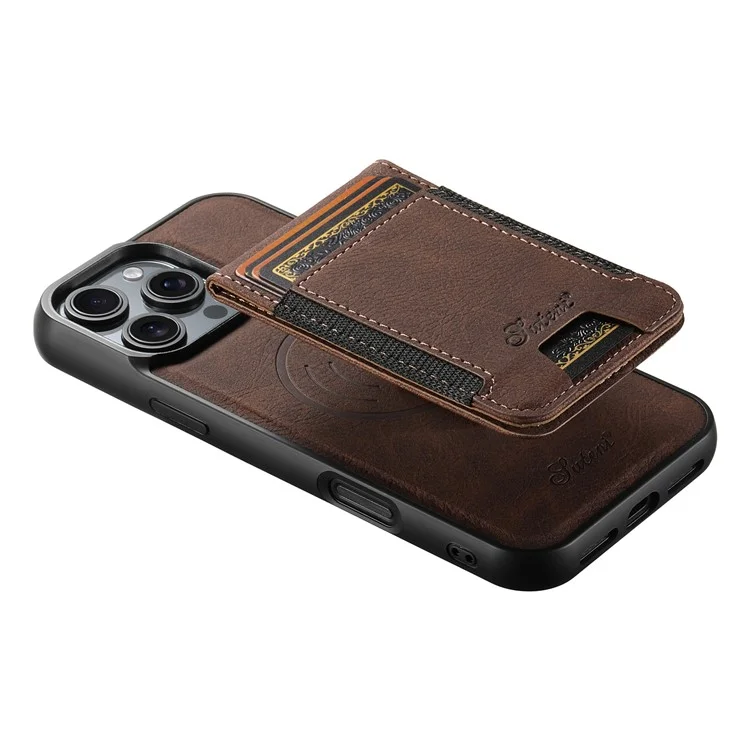 Suteni H17 Für Iphone 16 Pro Magnetic Case Card Slots Leder+tpu -kickstand -telefonabdeckung - Braun