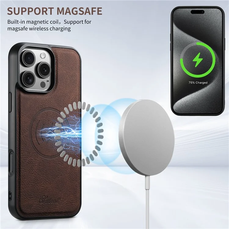 Suteni H17 Für Iphone 16 Pro Magnetic Case Card Slots Leder+tpu -kickstand -telefonabdeckung - Braun
