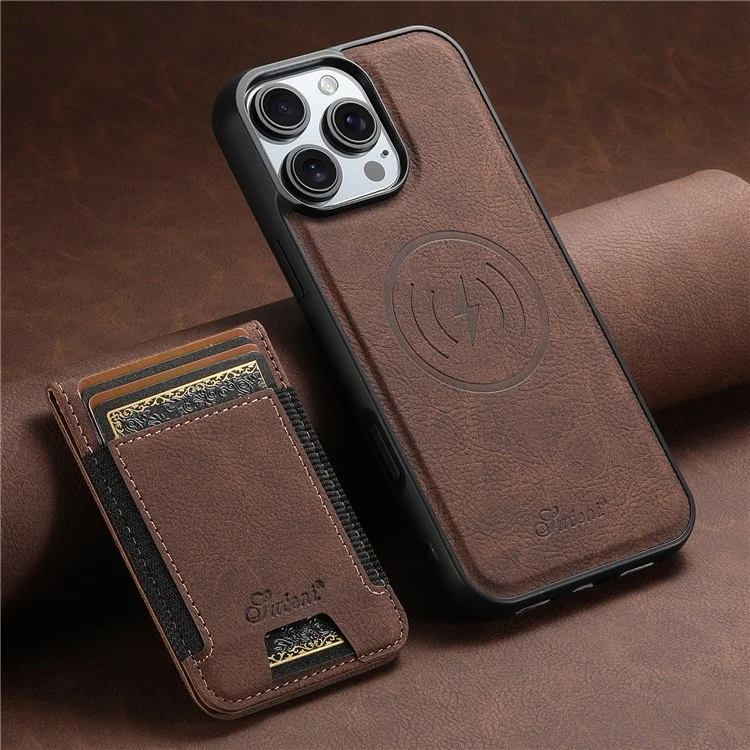 Suteni H17 Für Iphone 16 Pro Magnetic Case Card Slots Leder+tpu -kickstand -telefonabdeckung - Braun
