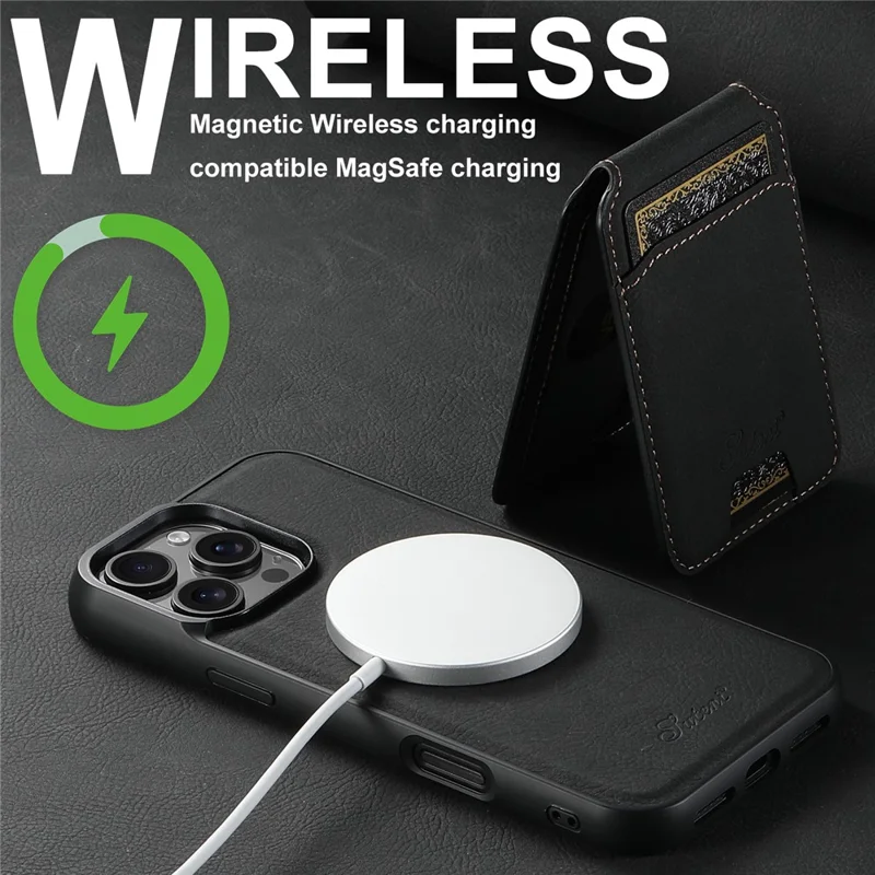 Suteni H16 Para Iphone 16 Pro Magnetic Case Kickstand Tampo de Capa de Telefone Destacável Titular do Cartão - Preto