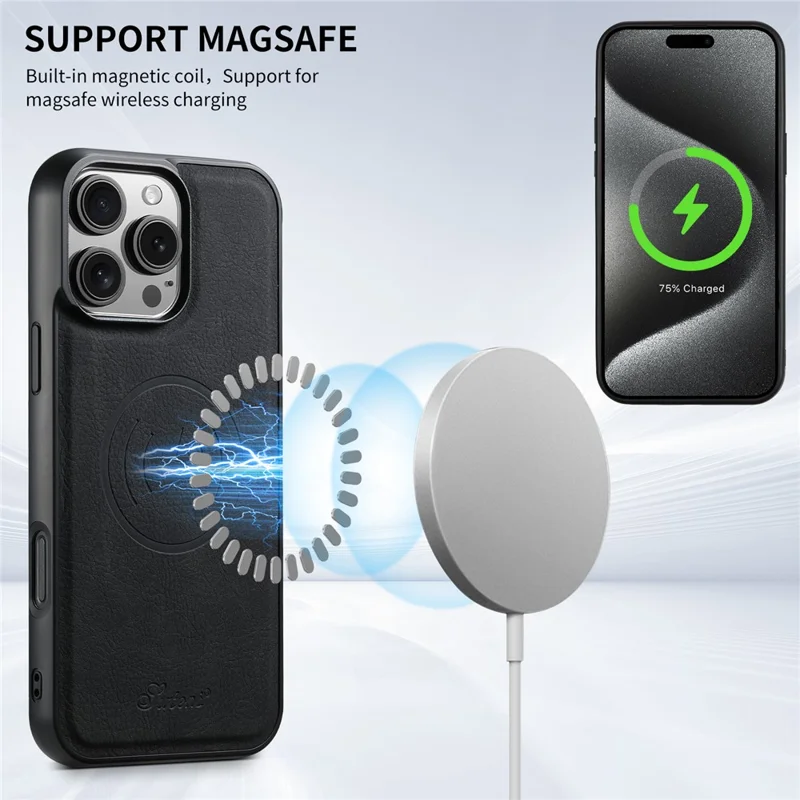 Suteni H16 Para Iphone 16 Pro Magnetic Case Kickstand Tampo de Capa de Telefone Destacável Titular do Cartão - Preto