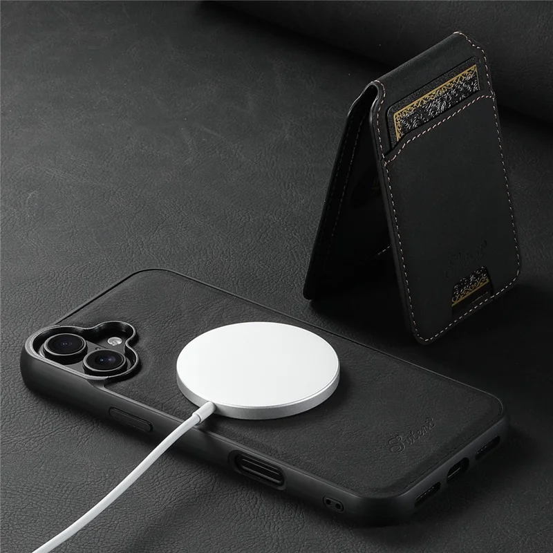 Suteni H16 Para Iphone 16 Plus Magnetic Case Kickstand Phone Tope Desmontable Tarjeta de Tarjeta - Negro