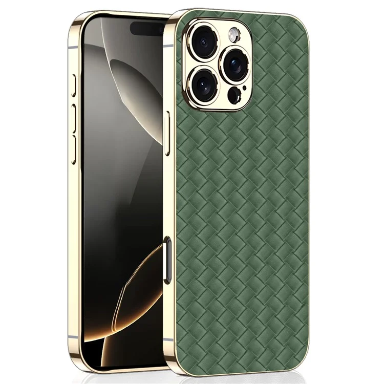 GKK For iPhone 16 Pro Case Electroplating Woven Texture PU Covered+TPU+PC Phone Shell - Green