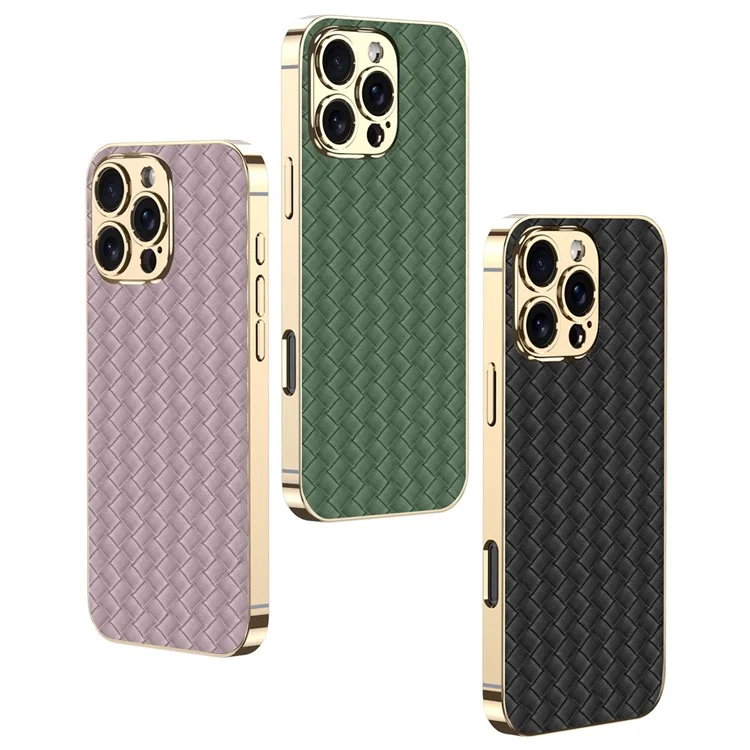 GKK For iPhone 16 Pro Case Electroplating Woven Texture PU Covered+TPU+PC Phone Shell - Green