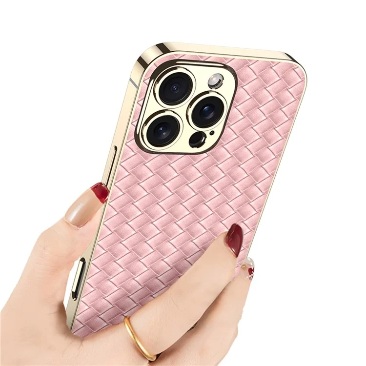 GKK For iPhone 16 Pro Case Electroplating Woven Texture PU Covered+TPU+PC Phone Shell - Green