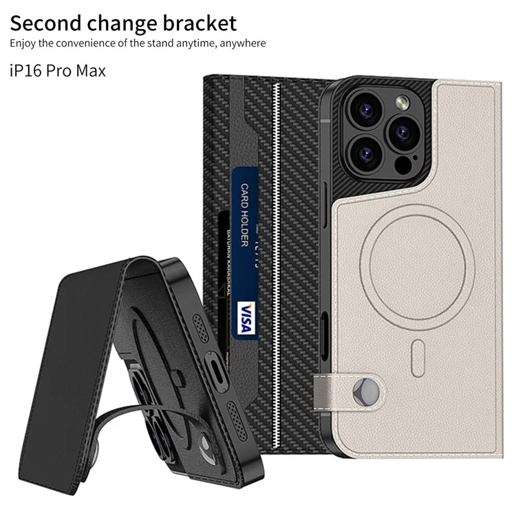 GKK Para Iphone 16 Pro Case Magnetic Tpu+pu Cubierta de Teléfono de Cuero de Cuero - Textura de Fibra de Carbono