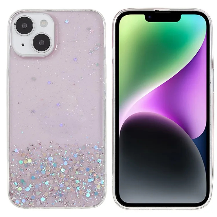 For iPhone 14 Plus Starry Sky Glitter Sparkle Epoxy Case Soft TPU Shockproof Drop Protection Impact Phone Cover - Pink