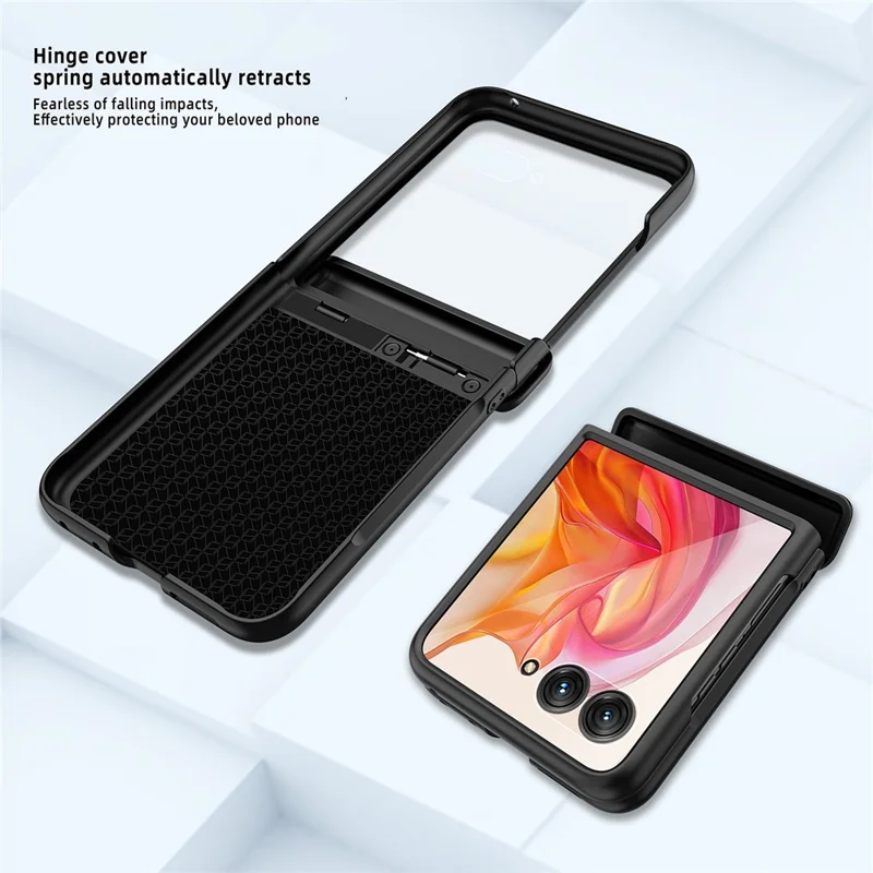 GKK For Motorola Razr 50 Ultra 5G Case Grids Pattern Hinge Protection Hard PC Phone Shell with Screen Film - Black