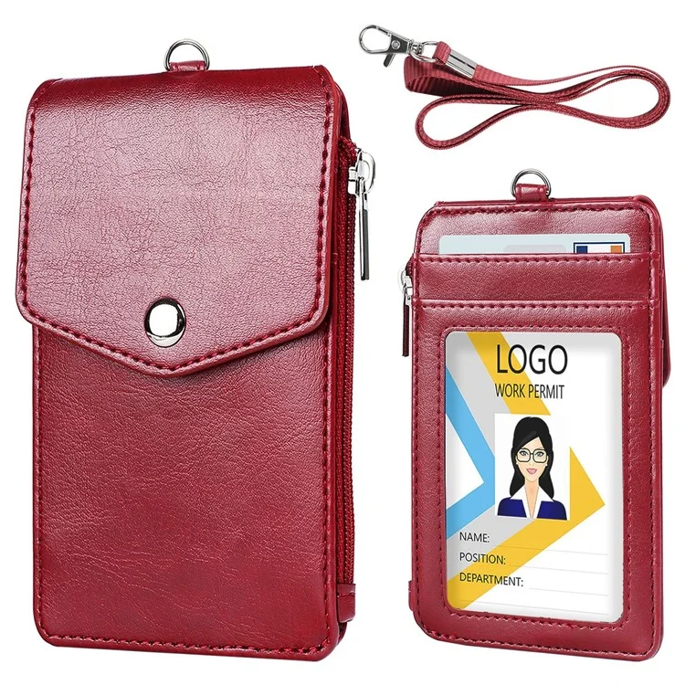 PU Wallet with Backside Badge Holder, Multi-Card Slots Anti-Demagnetization Storage Bag for Women - Wine Red