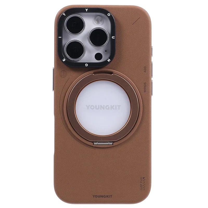 YOUNGKIT For iPhone 16 Pro Max Case Compatible with MagSafe Rotating Kickstand PU Leather+TPU Phone Cover - Brown
