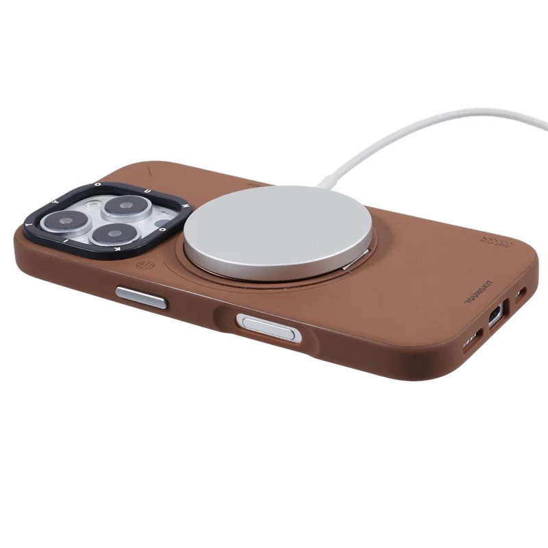 YOUNGKIT For iPhone 16 Pro Max Case Compatible with MagSafe Rotating Kickstand PU Leather+TPU Phone Cover - Brown