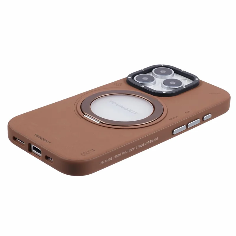 YOUNGKIT For iPhone 16 Pro Max Case Compatible with MagSafe Rotating Kickstand PU Leather+TPU Phone Cover - Brown