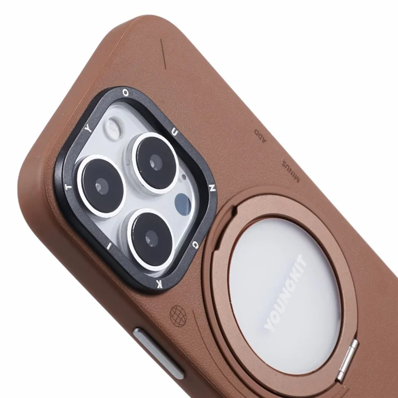 YOUNGKIT For iPhone 16 Pro Max Case Compatible with MagSafe Rotating Kickstand PU Leather+TPU Phone Cover - Brown