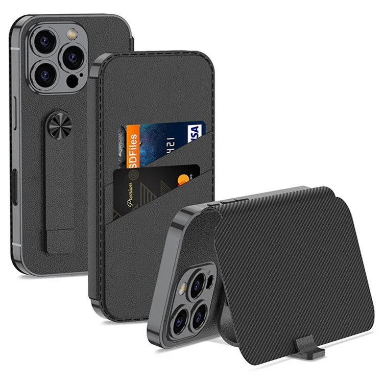 GKK Para Iphone 16 Pro Max Case TPU+PU Cubierta de Teléfono de Cuero Con Ranuras Para Tarjetas, Soporte - Negro