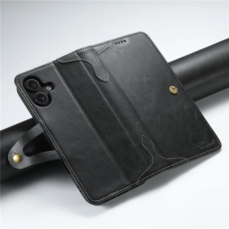 Série SUTENI Q03 Pour Iphone 16 Plus Texture Wavy Texture pu Leather Phone Wallet Cover - Noir