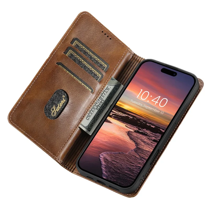 SUTENI J02 Series for iPhone 16 Plus Case Waxy Texture Leather Phone Cover with Magnetic Closure - Brown