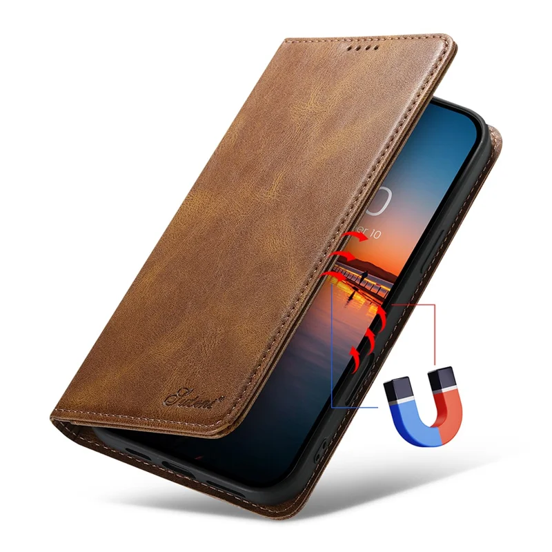 SUTENI J02 Series for iPhone 16 Plus Case Waxy Texture Leather Phone Cover with Magnetic Closure - Brown