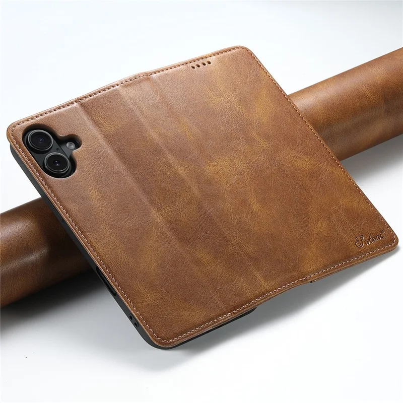 SUTENI J02 Series for iPhone 16 Plus Case Waxy Texture Leather Phone Cover with Magnetic Closure - Brown