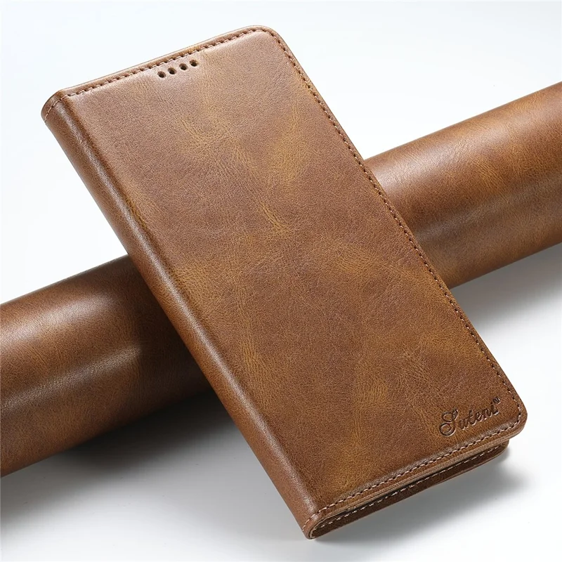 SUTENI J02 Series for iPhone 16 Plus Case Waxy Texture Leather Phone Cover with Magnetic Closure - Brown