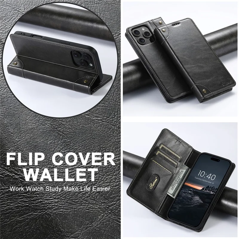 Suteni Para Iphone 16 Pro Case PU Cubierta de Cuero de Cuero Cover de la Billetera - Negro
