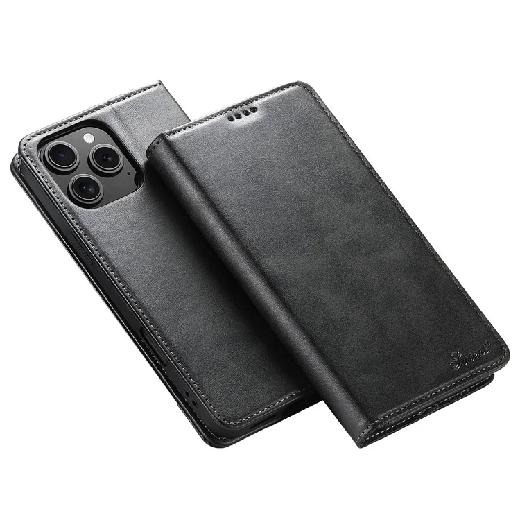 Suteni Para Iphone 16 Pro Max Case PU pu Cuero Willet Stand Magnetic Closing Telephip Cover - Negro