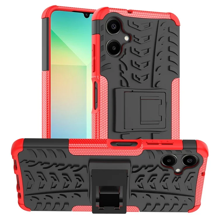 Für Samsung Galaxy A06 Hülle PC+TPU Reifenmuster Slim Phone Cover mit Ständer - Rot