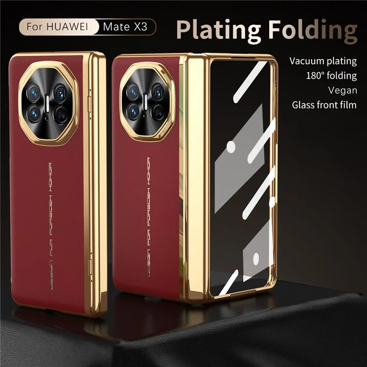 Para Huawei Mate X3 5G Caela PU Calulho+pc Eletroplacting Topa Completo Com Filme de Tela de Vidro Mederado - Vermelho