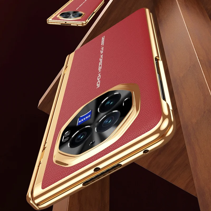 Pour Vivo X Fold3 Case PU Leather + pc Couvercle de Téléphone Électroplastique Avec Film D'écran en Verre Trempé - Rouge