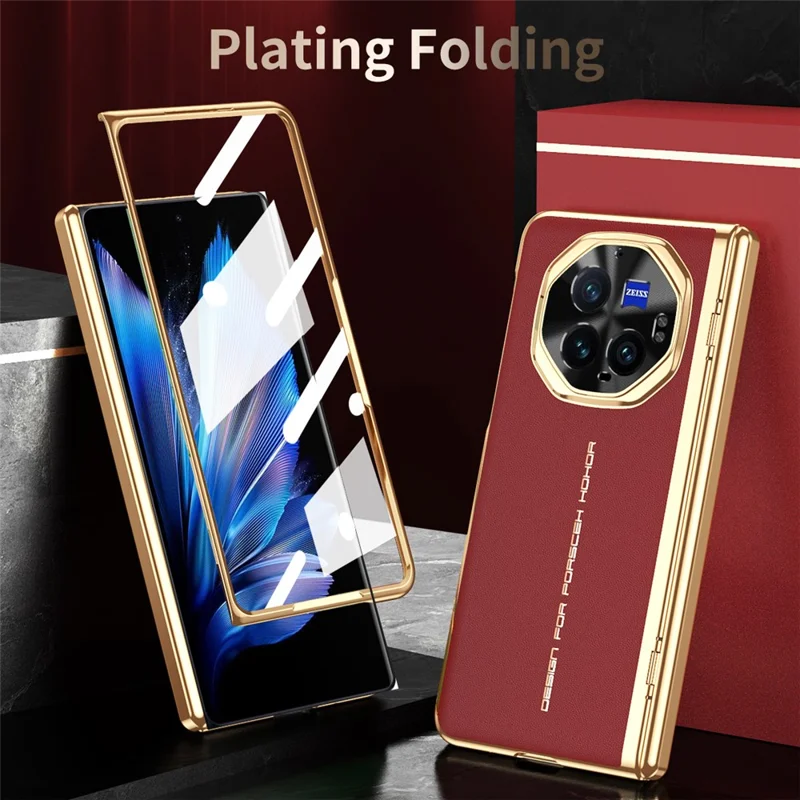 Pour Vivo X Fold3 Pro Case PU Leather + pc Couvercle de Téléphone Électroplastique Avec Film D'écran en Verre Trempé - Rouge