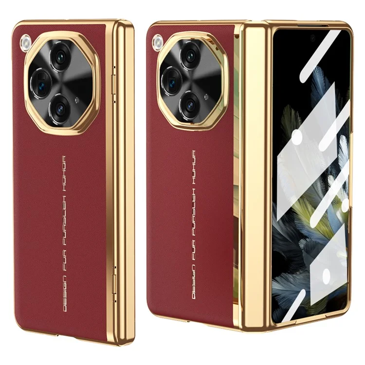 Pour Oppo Trouver N3 5G Étui en Cuir PU + pc Couverture de Téléphone Électroplastique Avec Film D'écran en Verre Trempé - Rouge
