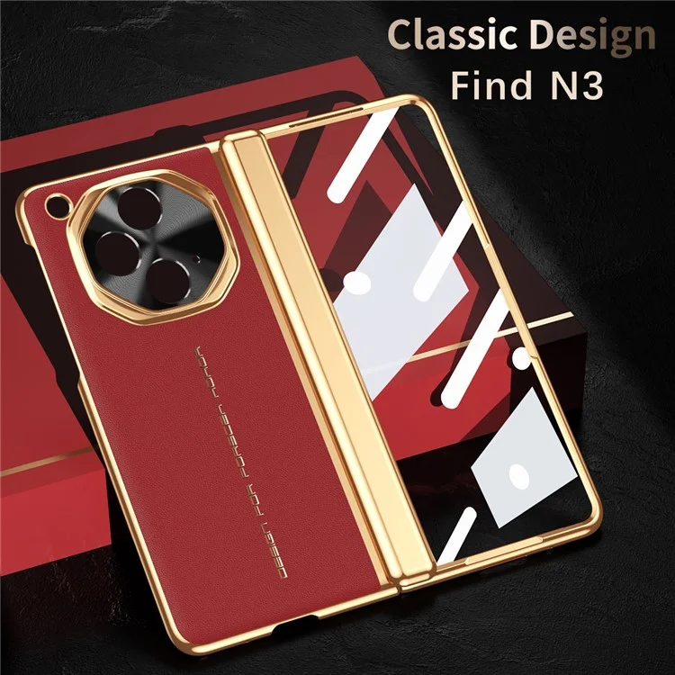 Pour Oppo Trouver N3 5G Étui en Cuir PU + pc Couverture de Téléphone Électroplastique Avec Film D'écran en Verre Trempé - Rouge