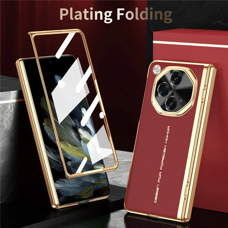 Pour Oppo Trouver N3 5G Étui en Cuir PU + pc Couverture de Téléphone Électroplastique Avec Film D'écran en Verre Trempé - Rouge