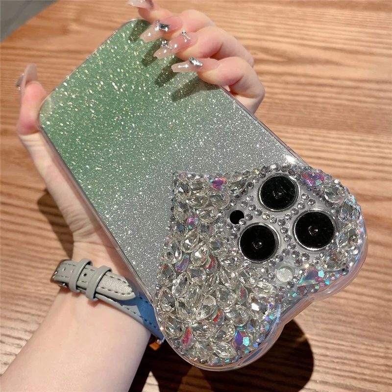 For iPhone 16 Pro Max Case Gradient Glitter Heart Rhinestones Shockproof Soft TPU Phone Cover - Green