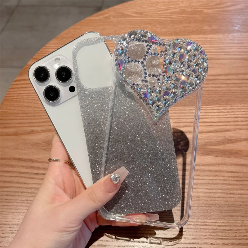 For iPhone 16 Pro Max Case Gradient Glitter Heart Rhinestones Shockproof Soft TPU Phone Cover - Green