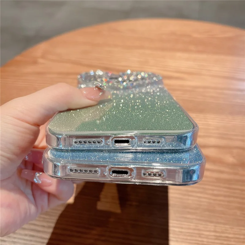 For iPhone 16 Pro Max Case Gradient Glitter Heart Rhinestones Shockproof Soft TPU Phone Cover - Green
