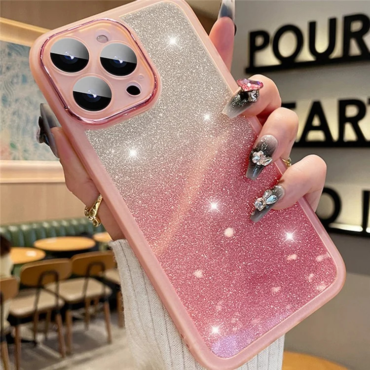 Для Iphone 15 Pro Max Case Gradient Glitter Shock -rayper PC+TPU Cople Cople с Пленкой Объектива - Розовый