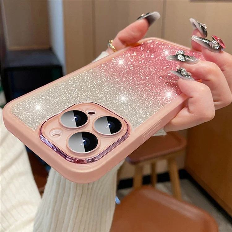 Для Iphone 15 Pro Max Case Gradient Glitter Shock -rayper PC+TPU Cople Cople с Пленкой Объектива - Розовый