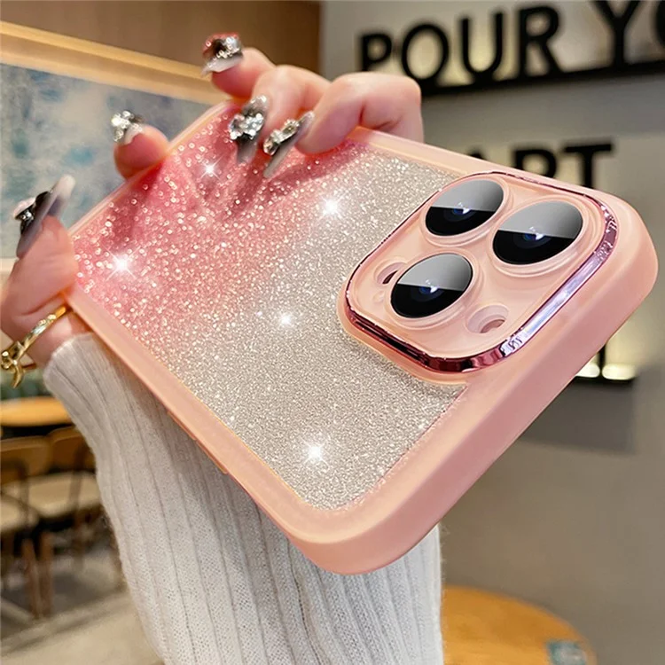 Для Iphone 15 Pro Max Case Gradient Glitter Shock -rayper PC+TPU Cople Cople с Пленкой Объектива - Розовый