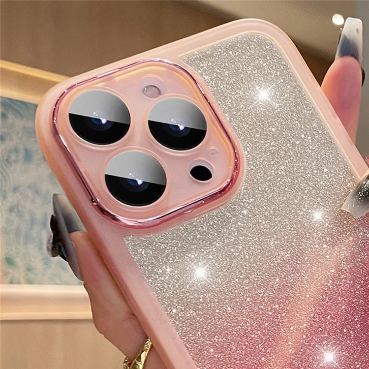 Для Iphone 15 Pro Max Case Gradient Glitter Shock -rayper PC+TPU Cople Cople с Пленкой Объектива - Розовый