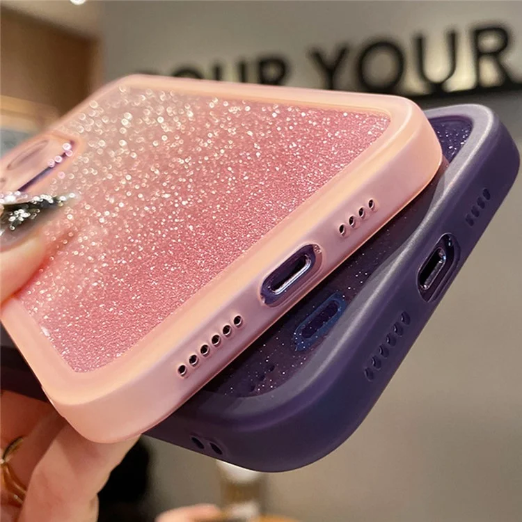 Для Iphone 15 Pro Max Case Gradient Glitter Shock -rayper PC+TPU Cople Cople с Пленкой Объектива - Розовый