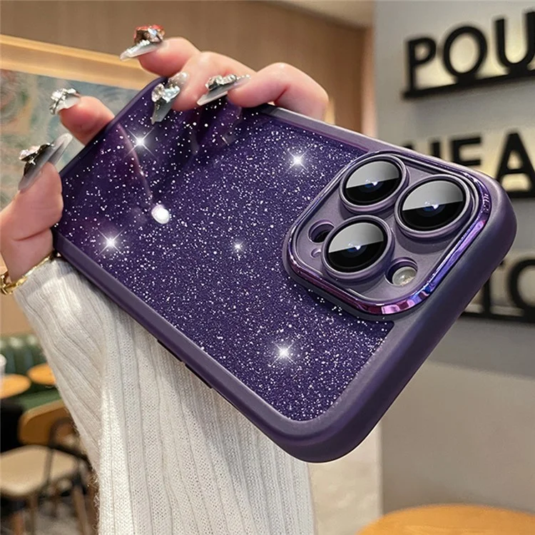 Para Iphone 15 Pro Case Gradiente Glitter Pcp PC+TPU Teléfono Con Película de Lentes - Morado Oscuro