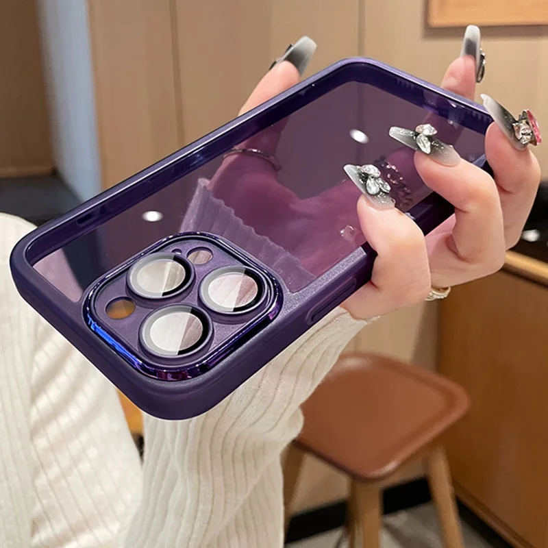 Para Iphone 15 Pro Case Gradiente Glitter Pcp PC+TPU Teléfono Con Película de Lentes - Morado Oscuro