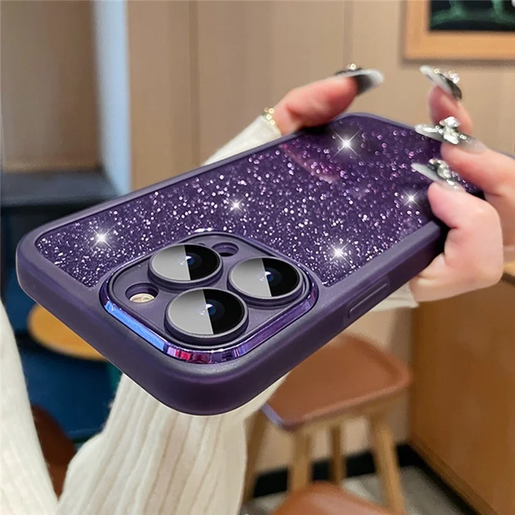 Para Iphone 15 Pro Case Gradiente Glitter Pcp PC+TPU Teléfono Con Película de Lentes - Morado Oscuro