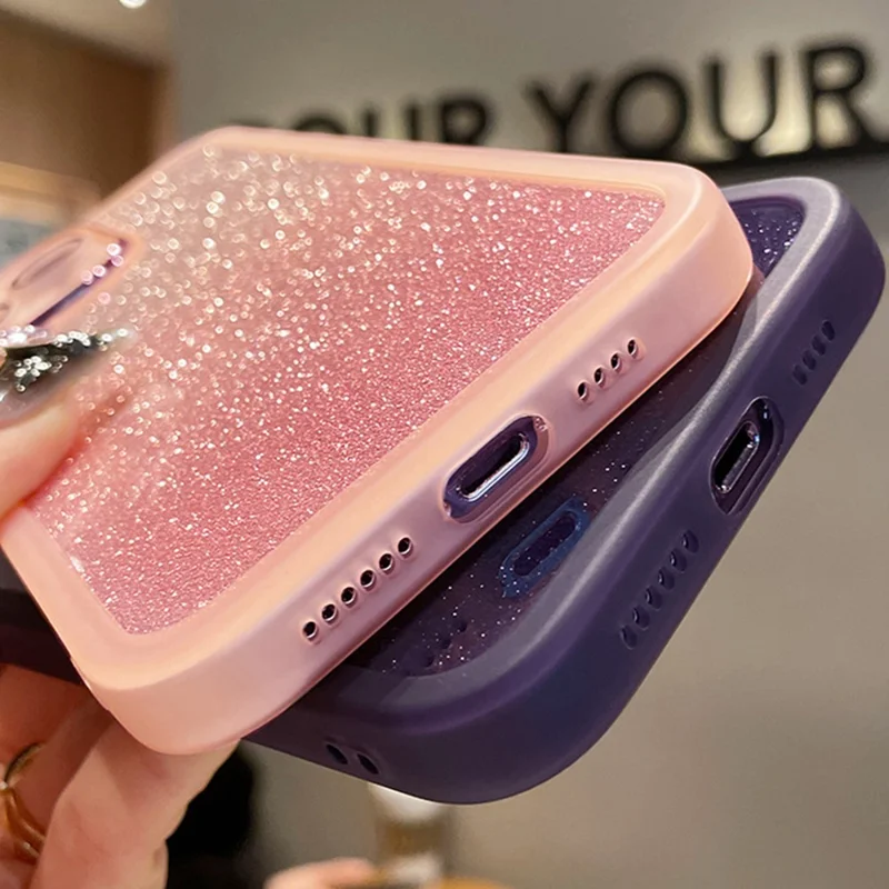 Para Iphone 15 Pro Case Gradiente Glitter Pcp PC+TPU Teléfono Con Película de Lentes - Morado Oscuro