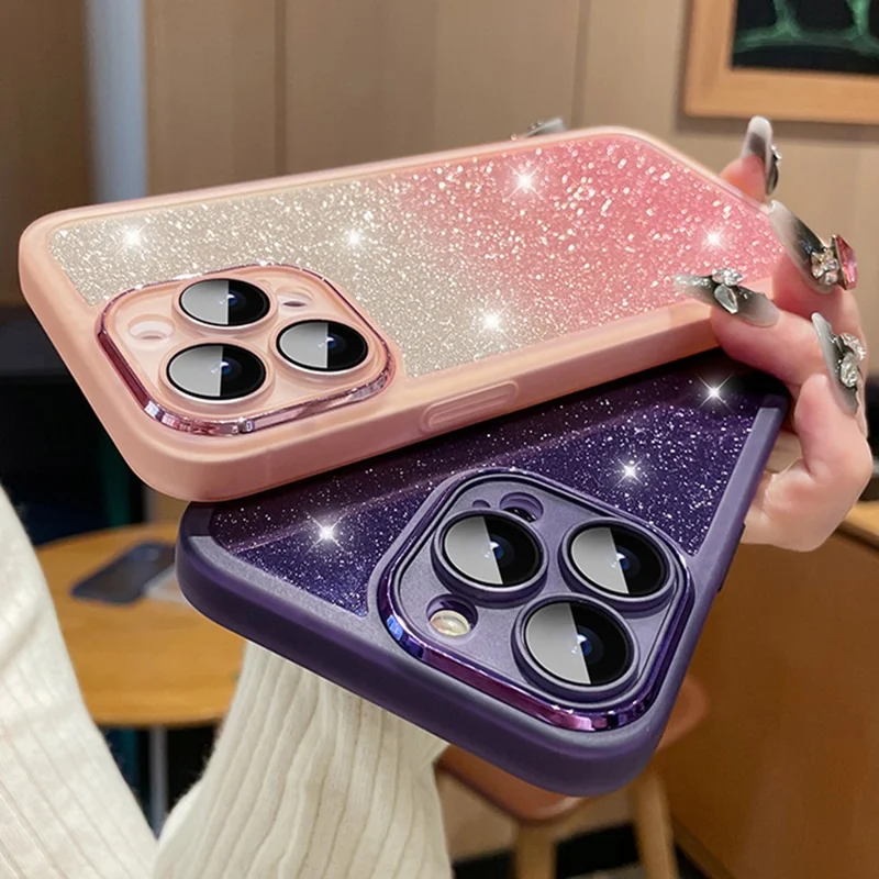 Para Iphone 15 Pro Case Gradiente Glitter Pcp PC+TPU Teléfono Con Película de Lentes - Morado Oscuro