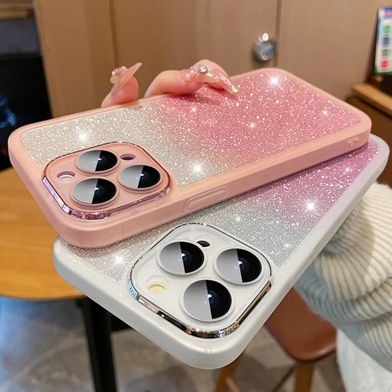 Para Iphone 15 Pro Case Gradiente Glitter Pcp PC+TPU Teléfono Con Película de Lentes - Morado Oscuro
