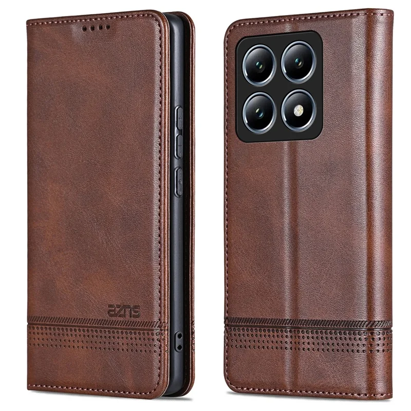 AZNS For Xiaomi 14T Case Cowhide Texture PU Leather Wallet Phone Cover - Coffee