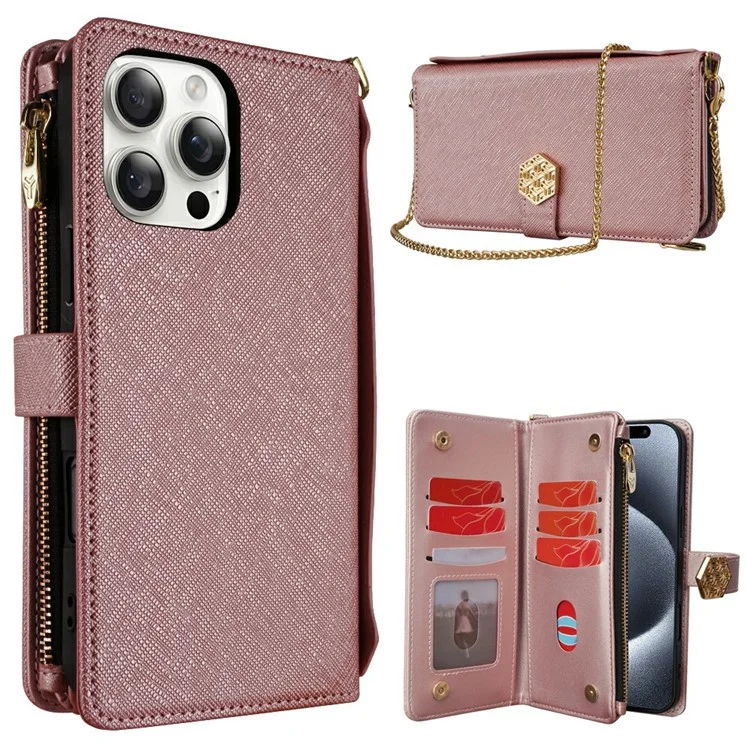 Для Iphone 15 Pro Max Case Cross Texture Кожа+tpu Chole Chole Pallet Phone с Ремнями - Розовое Золото